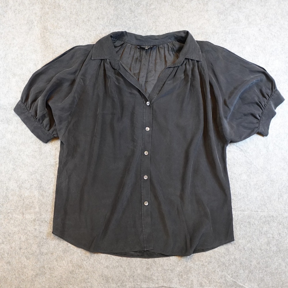 Lafayette 148 Top Women 12 Black Silk Button Front Cold Shoulder Short Sleeve